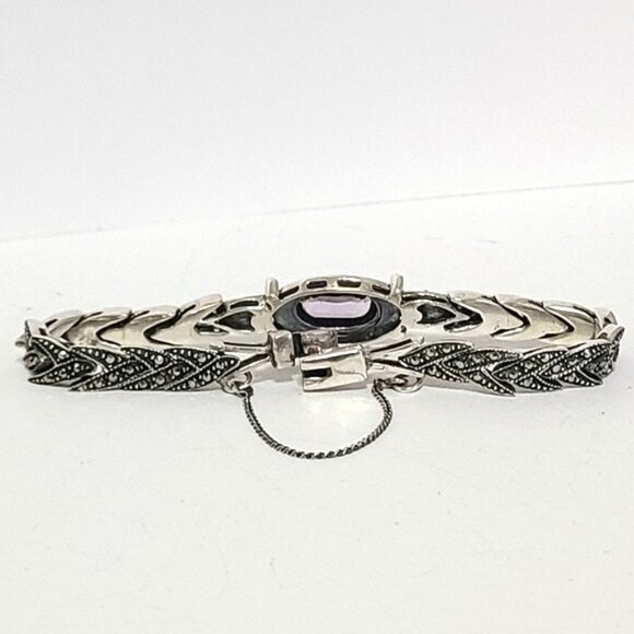 Vintage Art Deco Sterling Silver Purple Amethyst Marcasite Crystal Bracelet - Picture 15 of 15